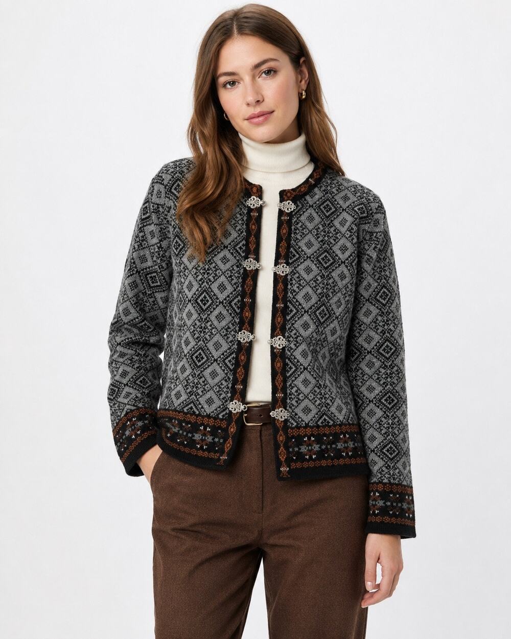VTG Carroll Reed 100% Wool Nordic Fair Isle Cardigan Sweater Gray Clasp Womens M